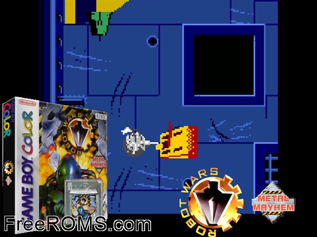Robot Wars - Metal Mayhem[Hi] Gameboy Color game showing 3D box cover and gameplay screenshot
